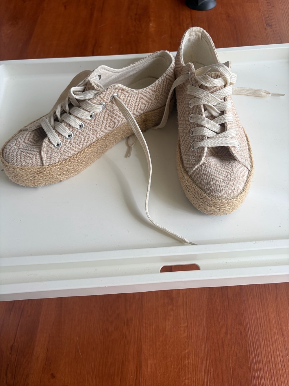 Neutral Woven Platform Lace-Up Sneakers
